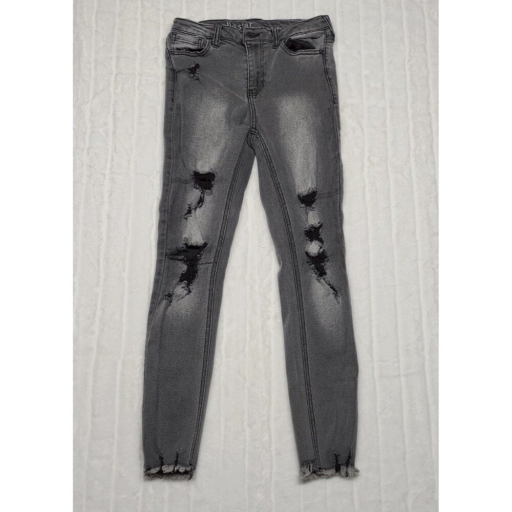 Vanilla Star Women's Gray Acid Wash Distressed Ripped Hi-Rise Skinny Jeans Size